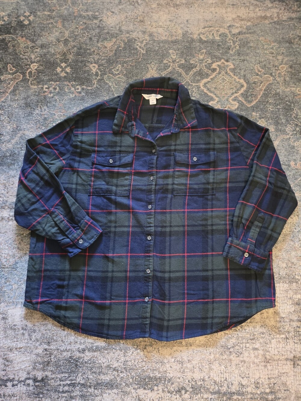 Old Navy The Boyfriend Shirt 2X Flannel Plaid Green Navy Red Cotton Button Up